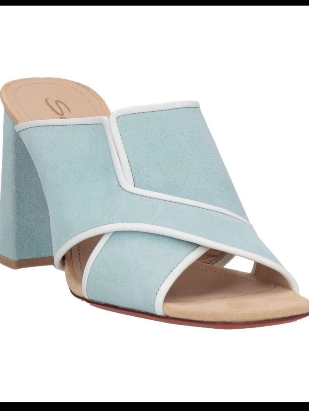 Santoni Light Blue Suede Open-Toe Block Heel Mules with White Trim - Picture 2 of 7